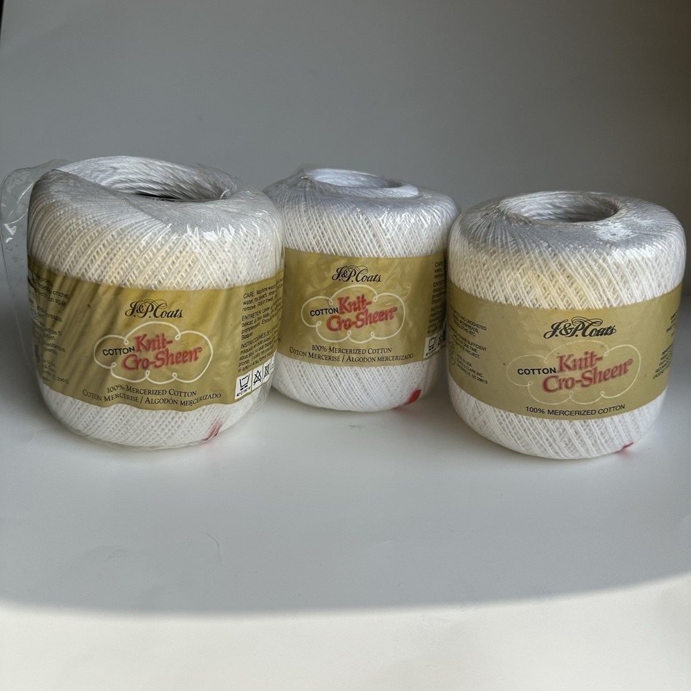 3 J.&P. Coats Knit-Cro-Sheen 100% Mercerized Cotton Crochet Thread White A65